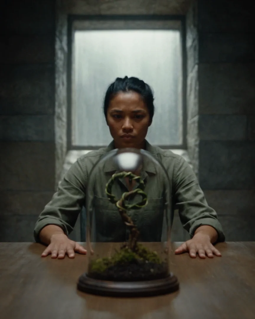 Tala sits at a table facing a young vine coiled inside a glass dome, her palms flat on the wood