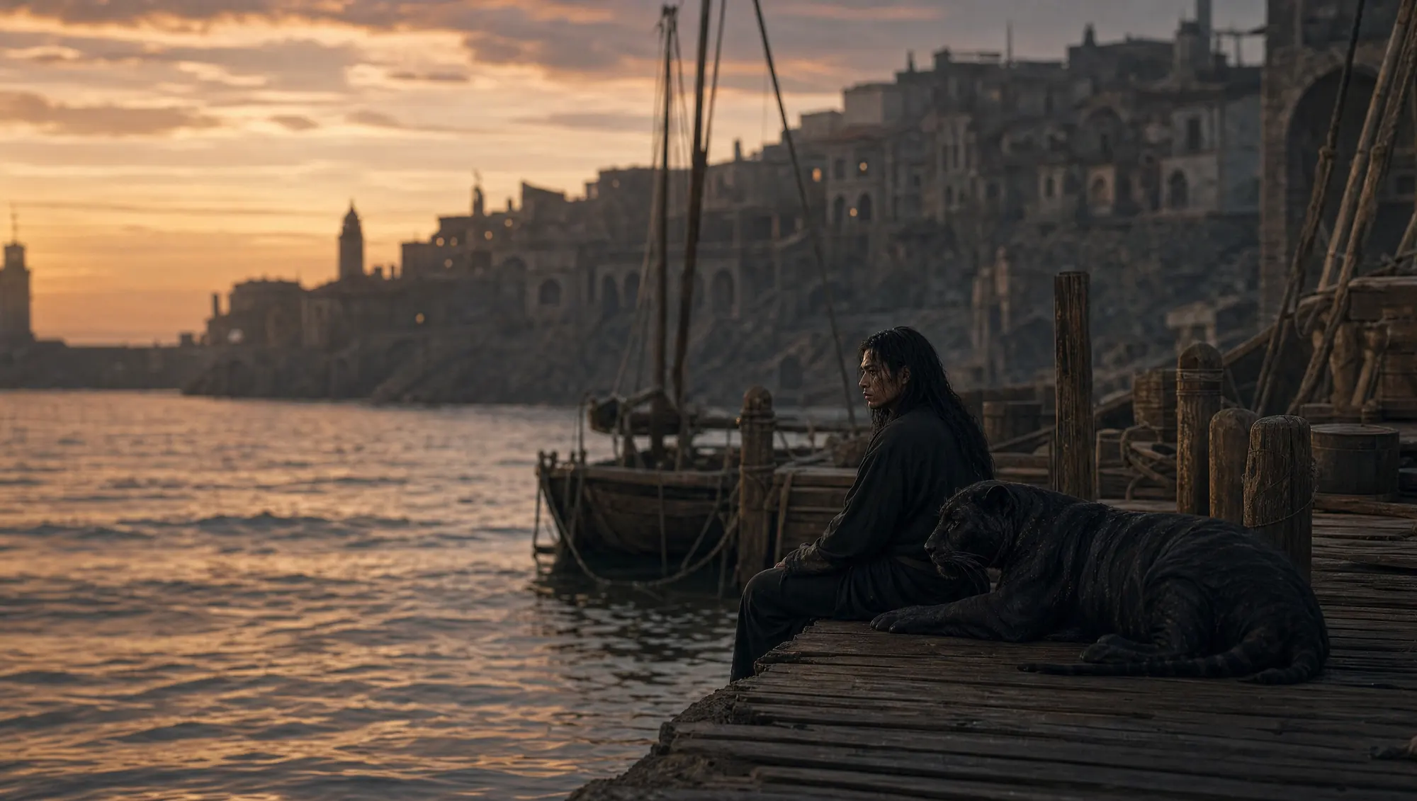 Marek and Puddle sit at the end of a wooden dock at dusk, the old city rising behind them